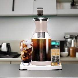 Cold Brew Coffee Maker and Glass Pitcher with Lid - 1.7 L Infused Iced Coffee Maker with Filter - Beige Perfect Iced Tea Pitcher and Glass Water Pitcher