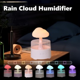 [Rain Cloud Aroma Diffuser] 7-Color Mushroom-Shaped Rain Cloud Aroma Diffuser | Waterfall Night Light with Mist Humidifier, Desk Simulation Water Droplet Sound, USB-Powered (White) - 1pc