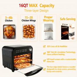16QT Large Capacity Digital Air Fryer Oven Toaster Combo with 360° Hot Air Circulation, 1500W Fast Preheating & Cooking, Digital Display & Precise Temperature Control, Transparent Door with Window, Healthy Low-Oil Cooking Intelligent Chip Technology