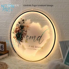 Custom LED Backlit Acrylic Wall Sign - USB Powered Adjustable Brightness, with Personalized UV Printing, Round Design and Floral Pattern Suitable for Salon, Office, Store Decoration, Custom Decorative Sign | Personalized Sign | Polished Surface, Wall Hanging Neon Light, Led Screen For Advertising, Business Sign, Neon Light, Neon Sign For Wall, Neon Sign