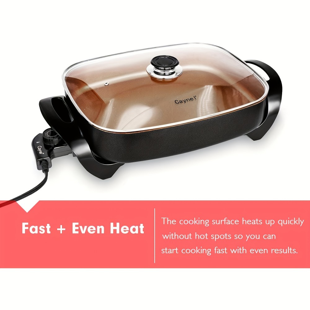 Caynel 16x12 Inch Professional Non-Stick Copper Electric Frying Pan with Tempered Glass Vented Lid & Upgraded Thermostat - 8 Quart Large Deep Dish Cookware, Even Heat Distribution, Cool-Touch Handle, 120V Plug-in Design for Searing, Sautéing, Frying - Ideal for Home & Commercial Kitchens, Searing Cookware, Electric Skillet With Lid, Electric Skillet Nonstick, Electric Frying Pan With Lid, Electric Pan For Cooking, Electric Cooking Appliance, Free, Electric Baking Pan, Electric Kitchen