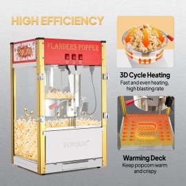The popcorn machine is equipped with an 8-ounce water bottle and can make up to 32 cups. It is a commercial popcorn machine with a tabletop, featuring a stainless steel spoon, an oil spoon and 3 popcorn cups. It is suitable for home theaters and is black