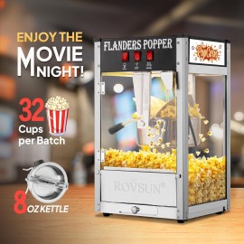 The popcorn machine is equipped with an 8-ounce water bottle and can make up to 32 cups. It is a commercial popcorn machine with a tabletop, featuring a stainless steel spoon, an oil spoon and 3 popcorn cups. It is suitable for home theaters and is black