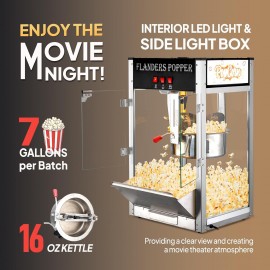 The popcorn machine is equipped with an 8-ounce water bottle and can make up to 32 cups. It is a commercial popcorn machine with a tabletop, featuring a stainless steel spoon, an oil spoon and 3 popcorn cups. It is suitable for home theaters and is black